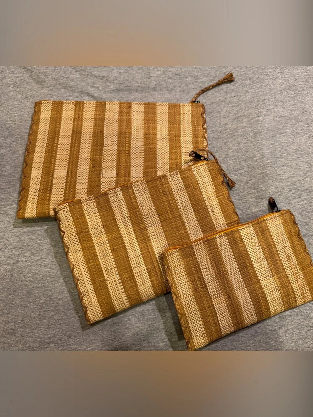 Striped Woven Raffia Straw Pouch Set - Brown & Cream Handmade in Madagascar